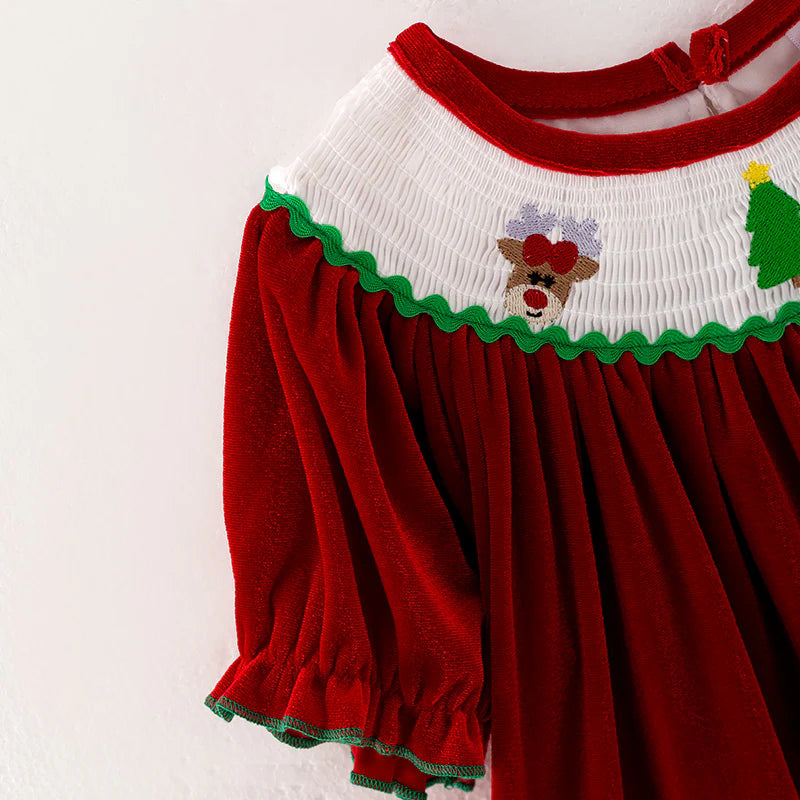 Girls Christmas Green Red Reindeer Santa Embroidery Dress Romper