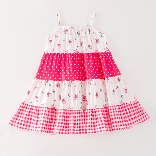 Girls Summer Floral Dot Plaid Patchwork Fashion Dress