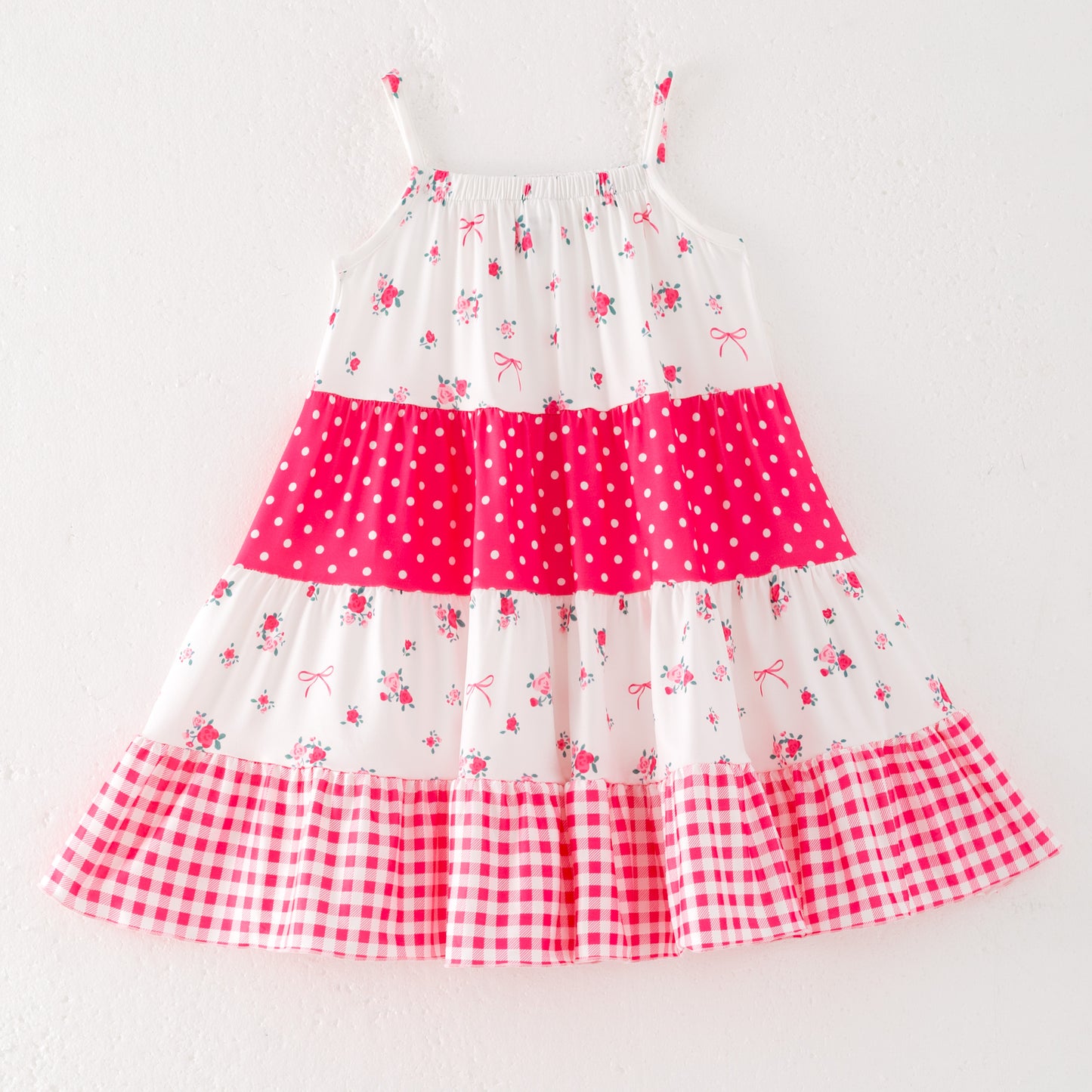 Girls Summer Floral Dot Plaid Patchwork Fashion Dress