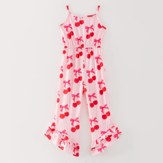 Girls Summer Cherry Bow Stripes Red Jumpsuit