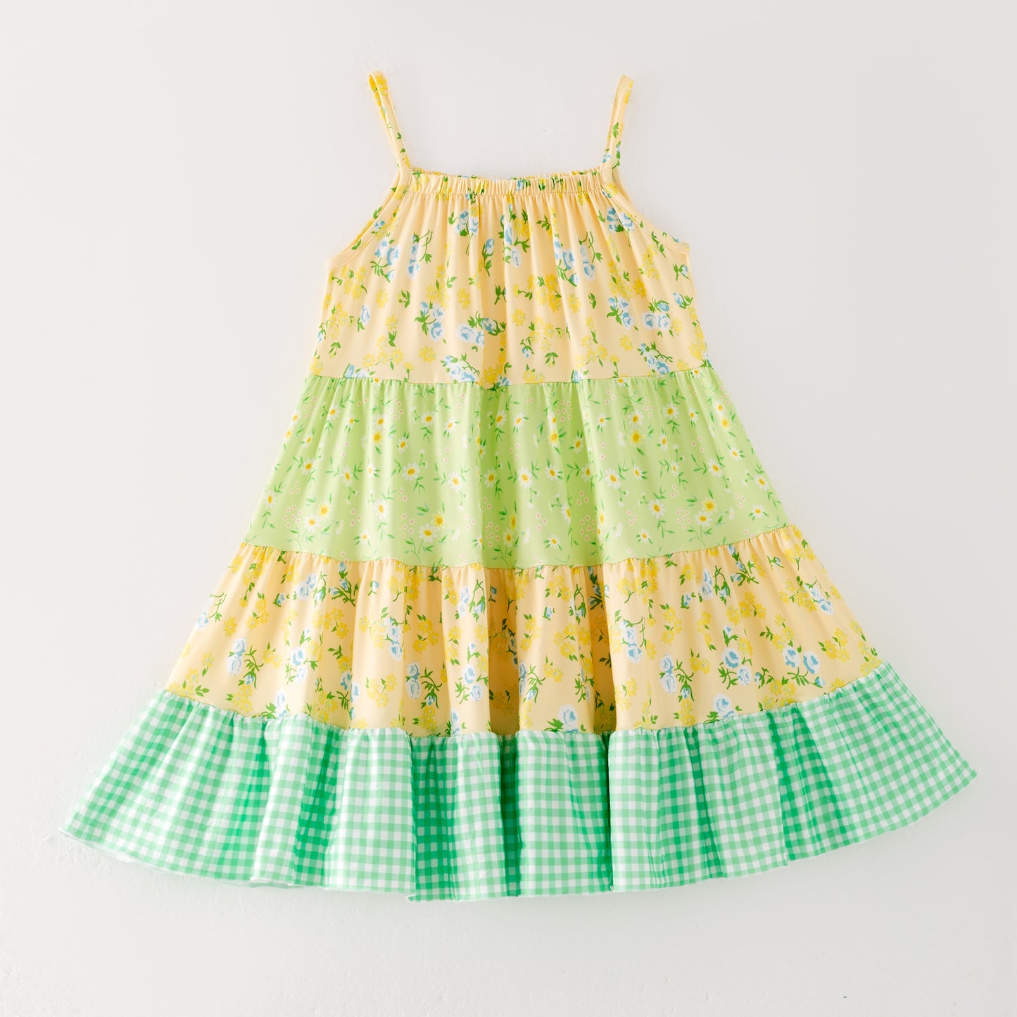 Girls Summer Yellow Green Floral Patchwork Fashion Dress