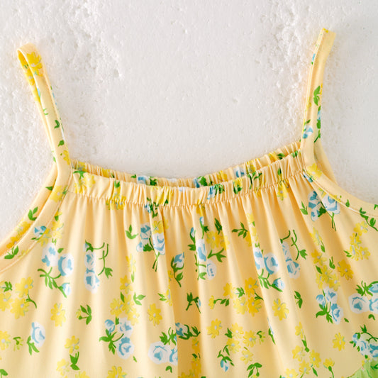 Girls Summer Yellow Green Floral Patchwork Fashion Dress