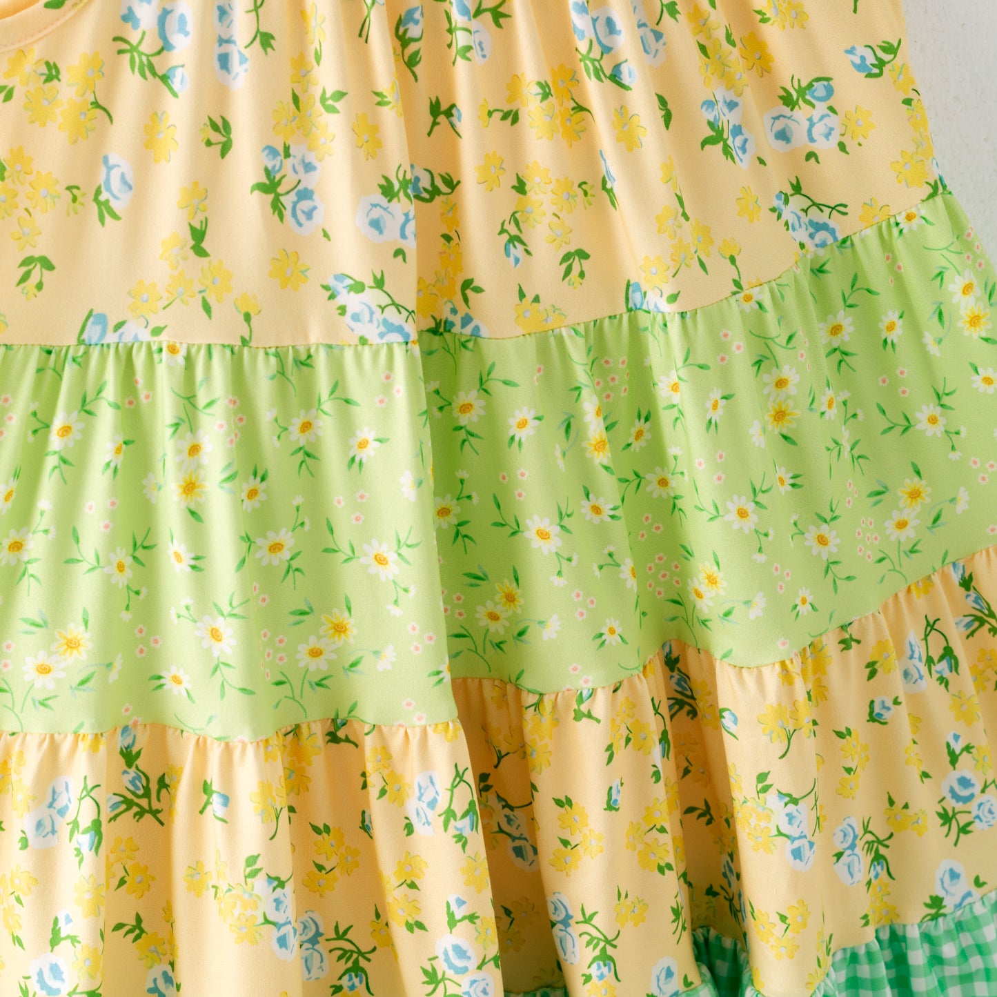 Girls Summer Yellow Green Floral Patchwork Fashion Dress