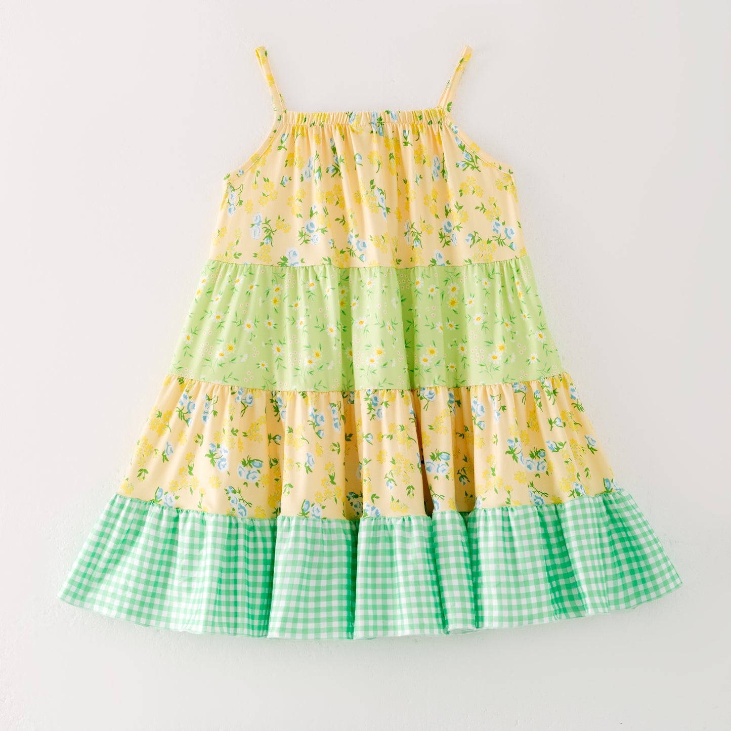 Girls Summer Yellow Green Floral Patchwork Fashion Dress