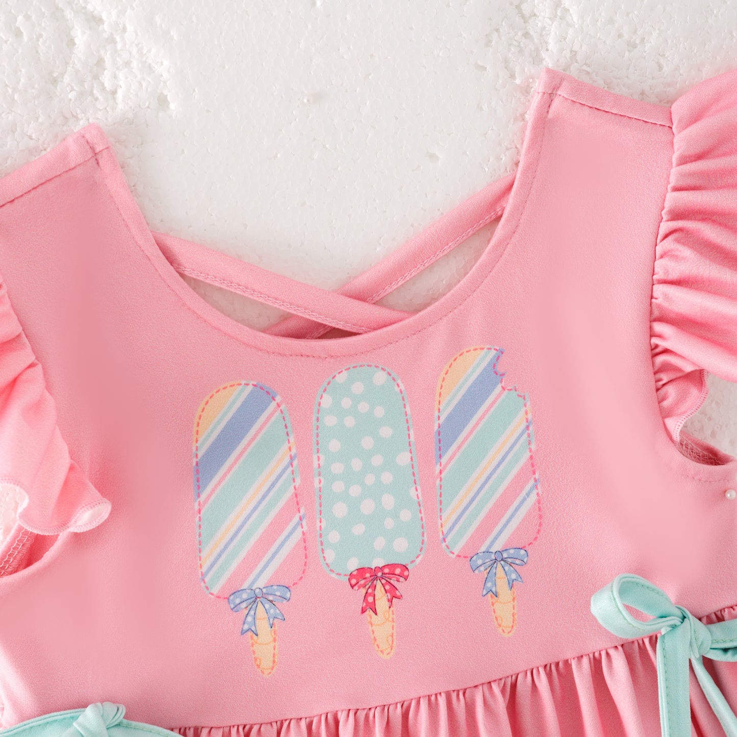 Girls Summer Popsicle Print Pink Bow Mint Dot Short Set
