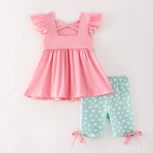 Girls Summer Popsicle Print Pink Bow Mint Dot Short Set