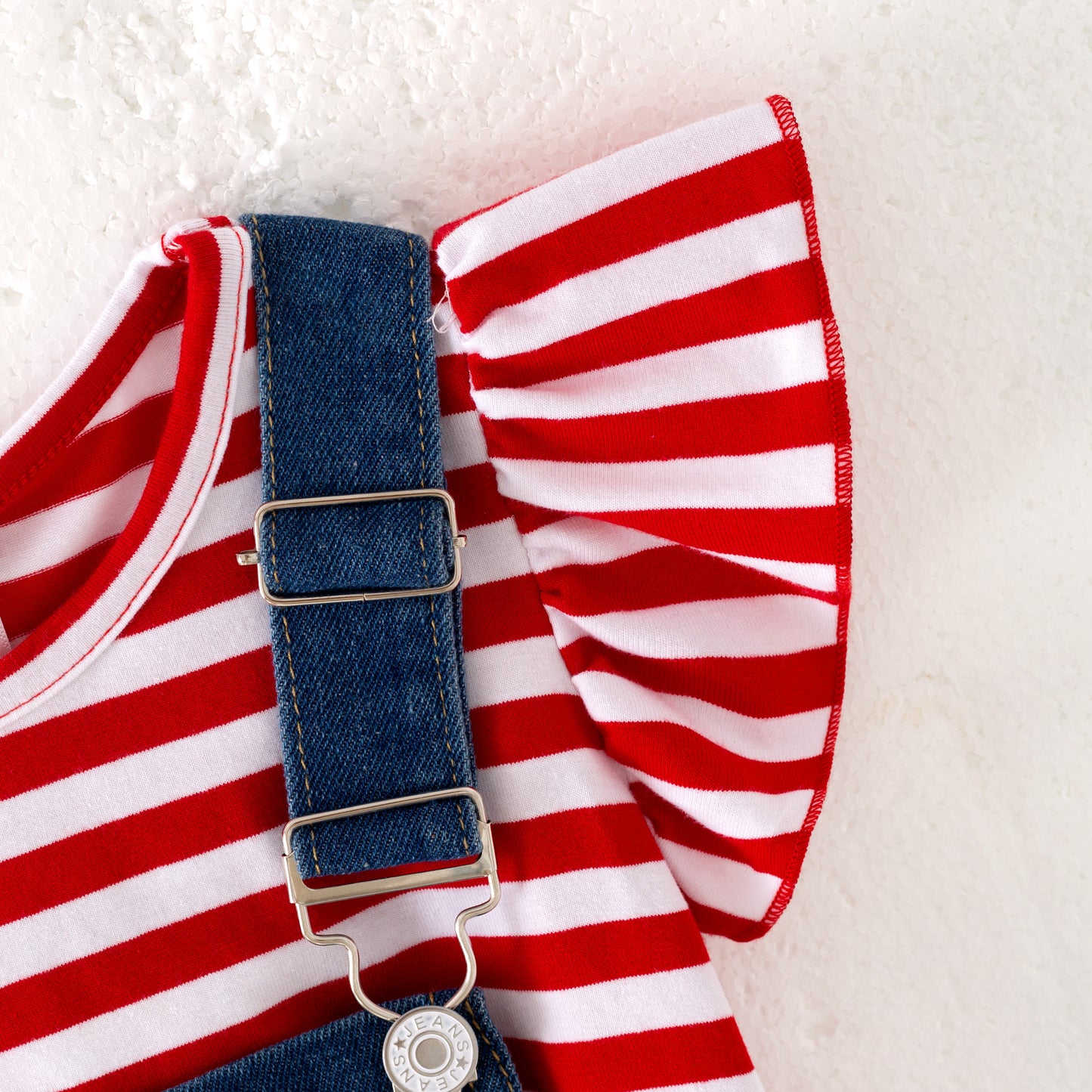 Girls July 4th Red Stripes Cotton Top Star Denim Overalls Set