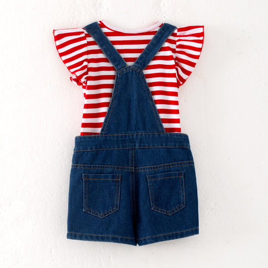 Girls July 4th Red Stripes Cotton Top Star Denim Overalls Set