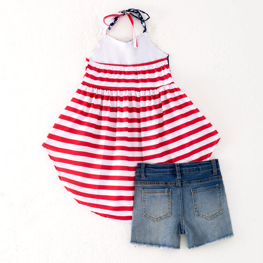 Girls July 4th Red Stripes Dress Top Denim Short Set