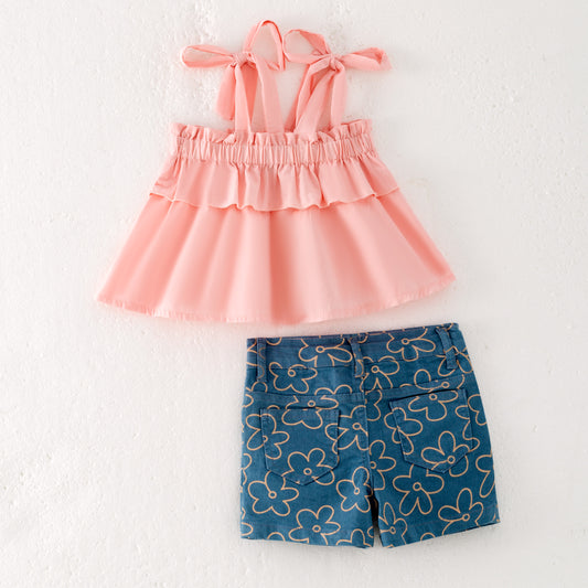 Girls Summer Coral Slip Top Flower Print Denim Short Set