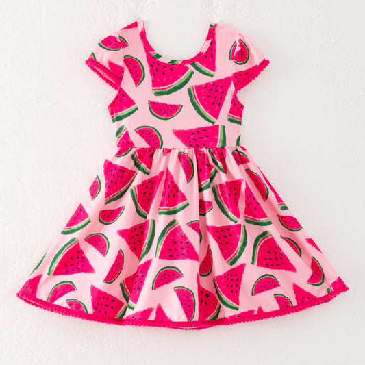 Girls Summer Watermelon Print Hot Pink Twirl Dress