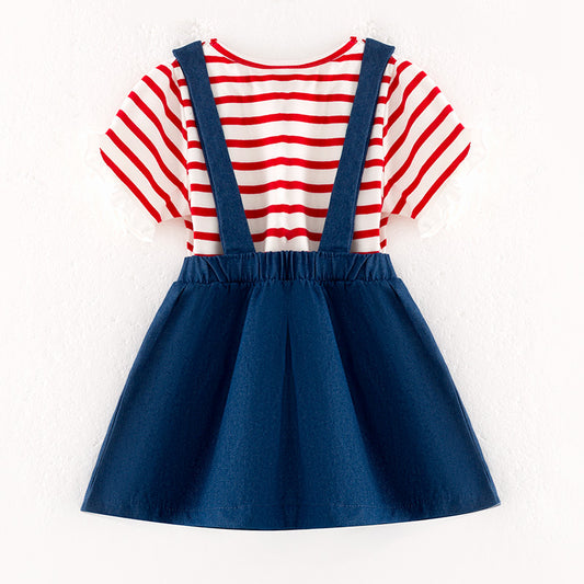 Girls Summer Apple Applique Back To School Suspenders Skirt Set