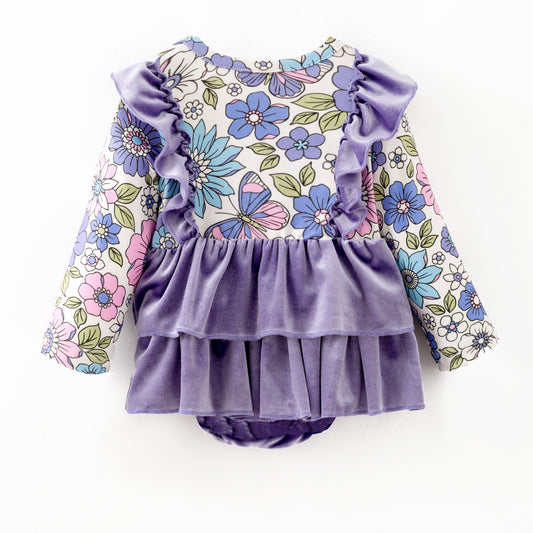Baby Girls Fall Purple Velvet Top & Floral Bell-Bottom Romper Set