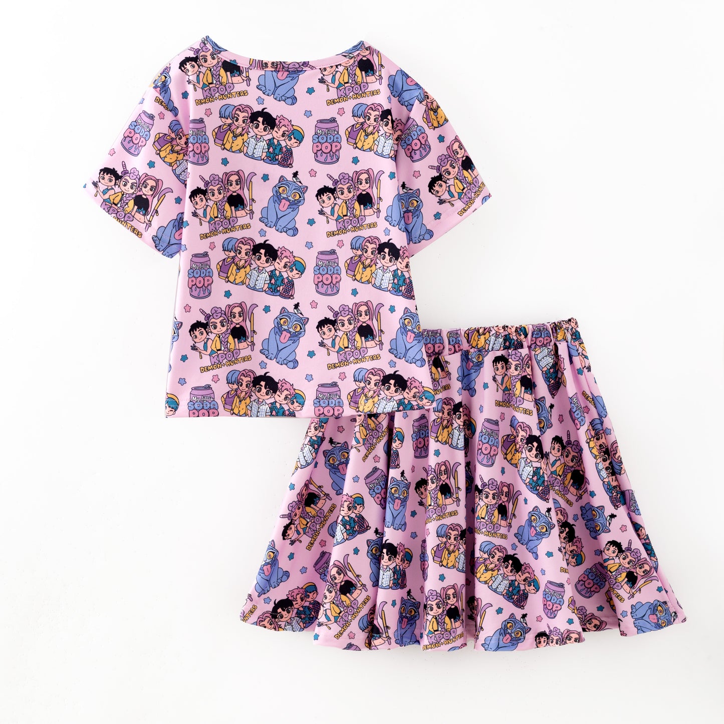 Girls Kpop Demon Hunter Pink Milk Silk Dress & Skirt Set