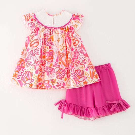 Girls Summer "BEACH BABE"Smocked Embroidered Short Set