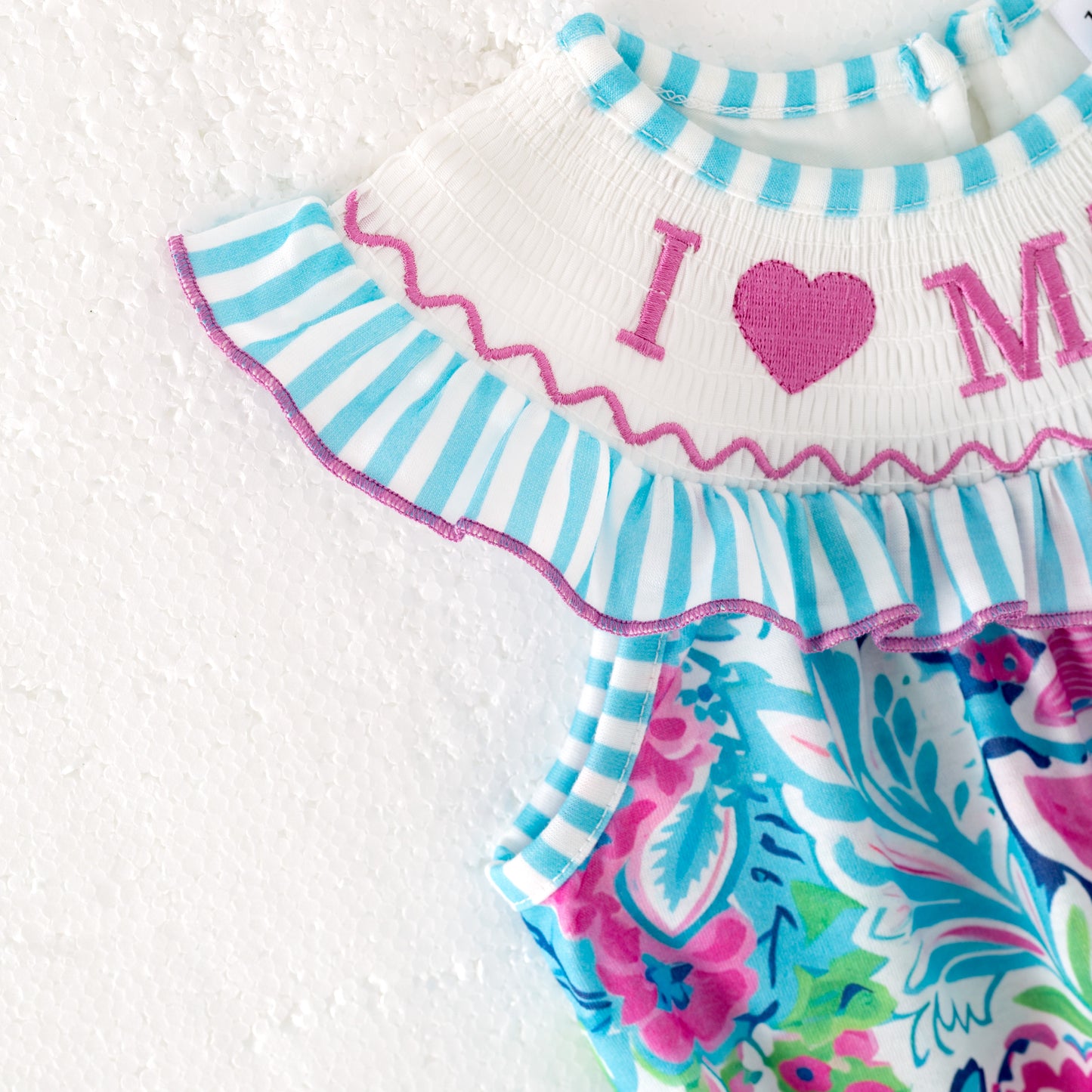 Baby Girls "I LOVE MAMA"Smocked Blue Floral Bubbles Romper