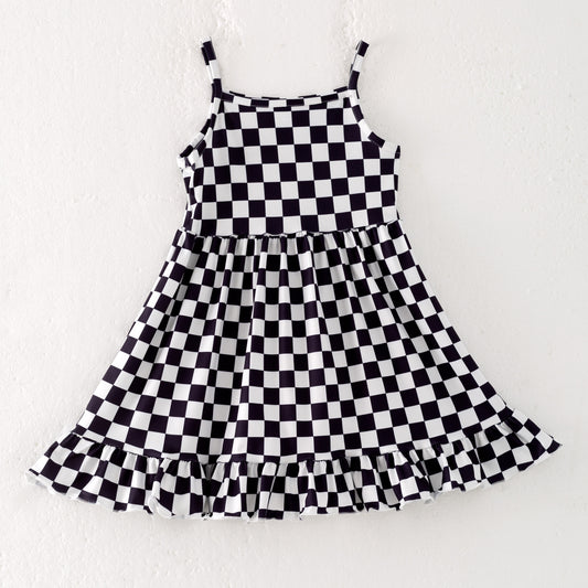Girls Summer Black White Plaid Slip Dress