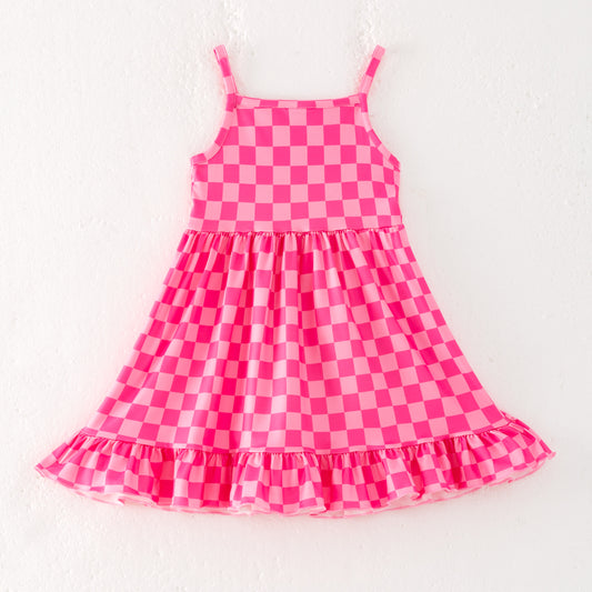 Girls Summer Hot Pink Plaid Slip Dress