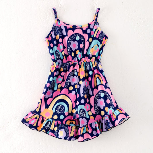 Girls Summer Rainbow Flower Print Jumpsuit