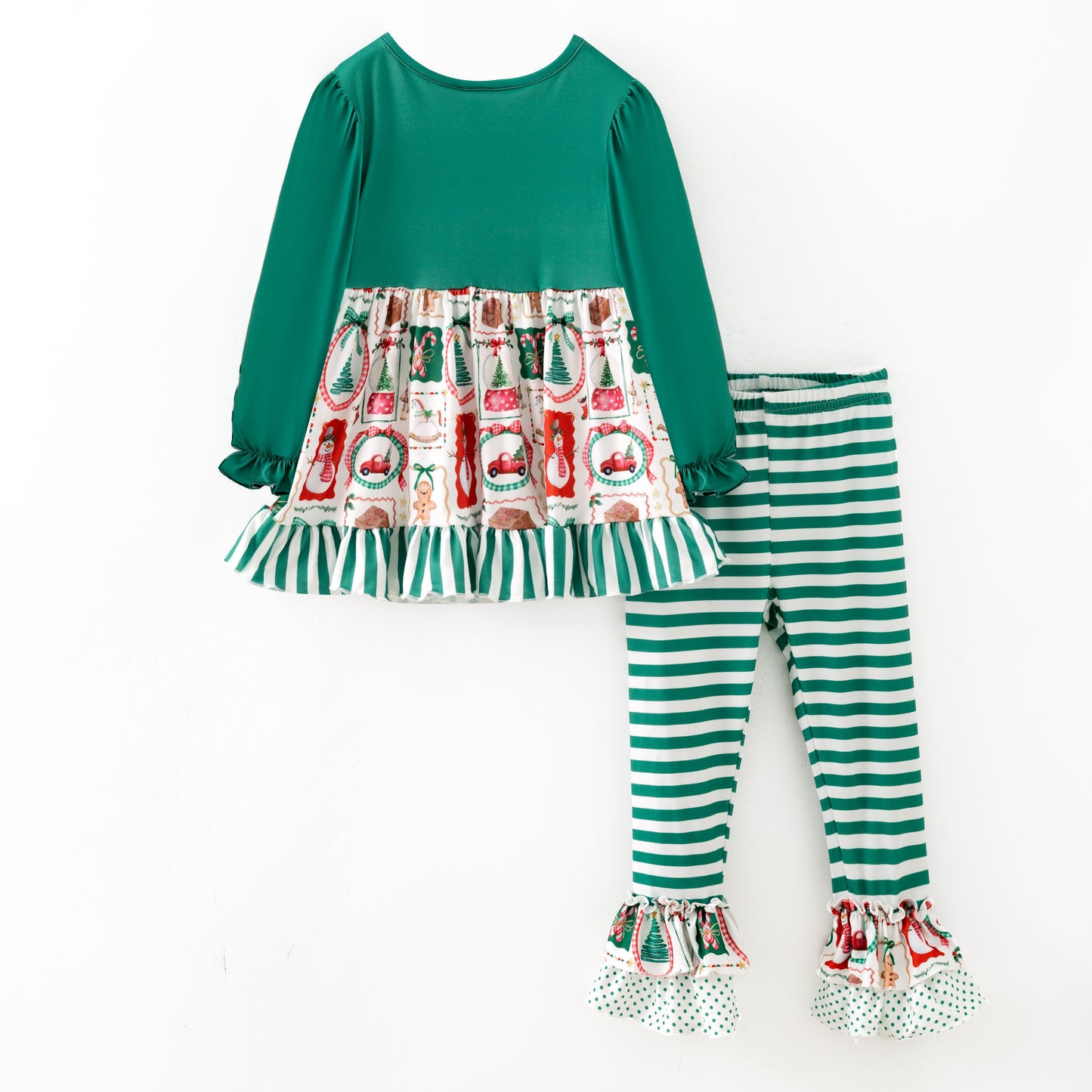 Girls 2025 Christmas Pocket Green Stripes Pant Set