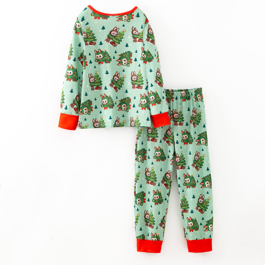 Girls Fall Winter Cartoon Print Cozy Pajamas Set