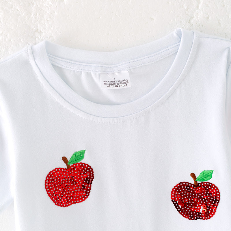 Girls Summer Sequins Apple Back To School White Cotton Top