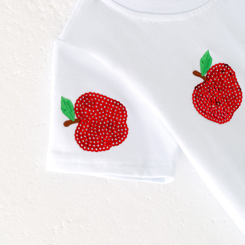 Girls Summer Sequins Apple Back To School White Cotton Top