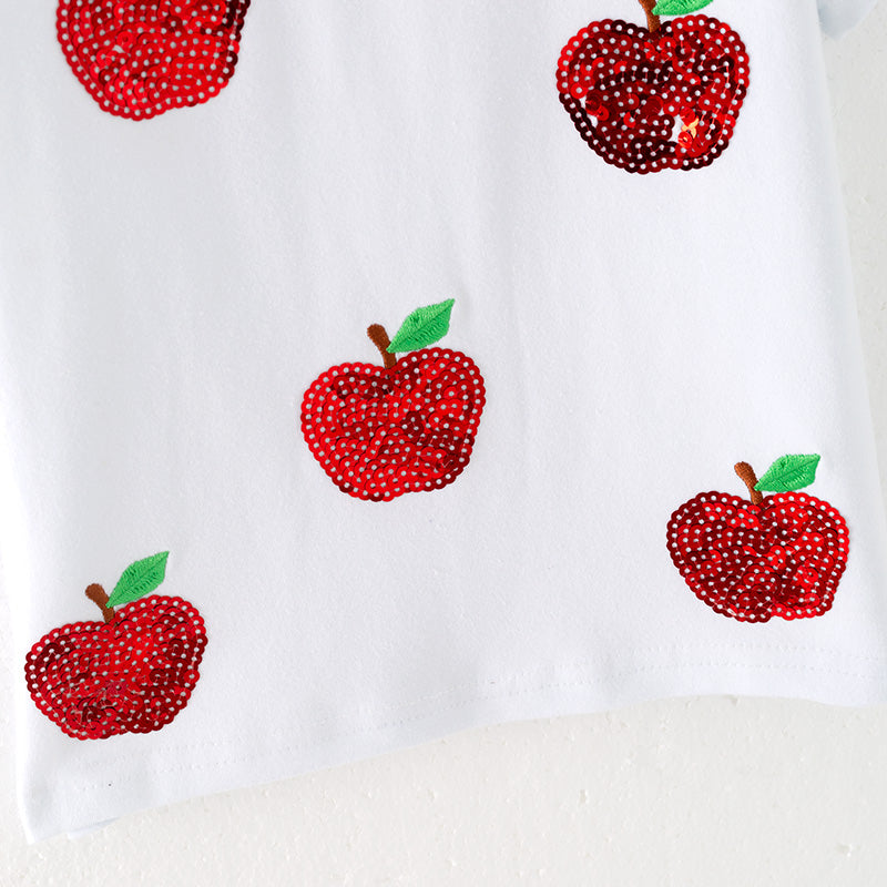Girls Summer Sequins Apple Back To School White Cotton Top