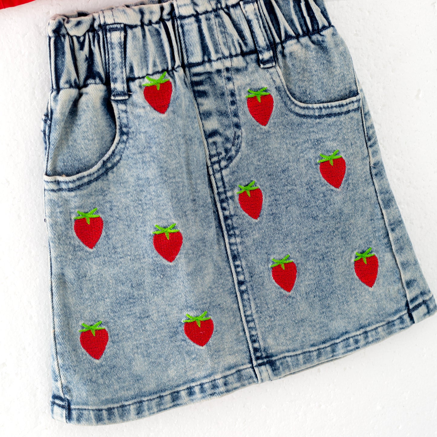 Girls Summer Red Top Strawberry Embroidered Denim Short Set