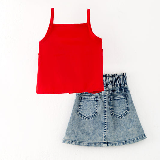 Girls Summer Red Top Strawberry Embroidered Denim Short Set