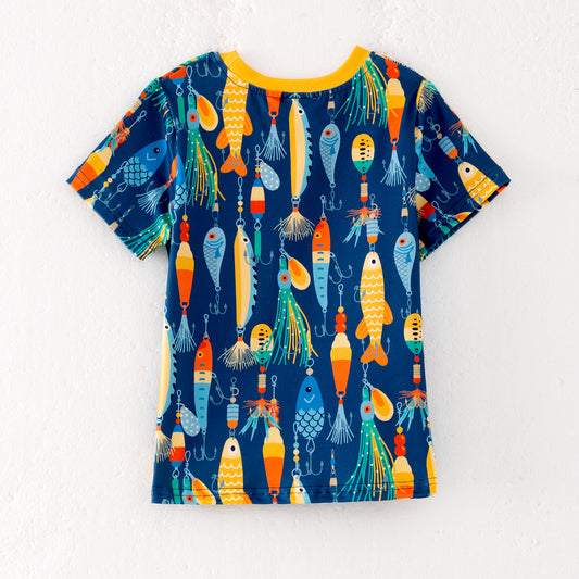 Boy Summer Fish Print Blue Pocket Short Sleeves T-shirt