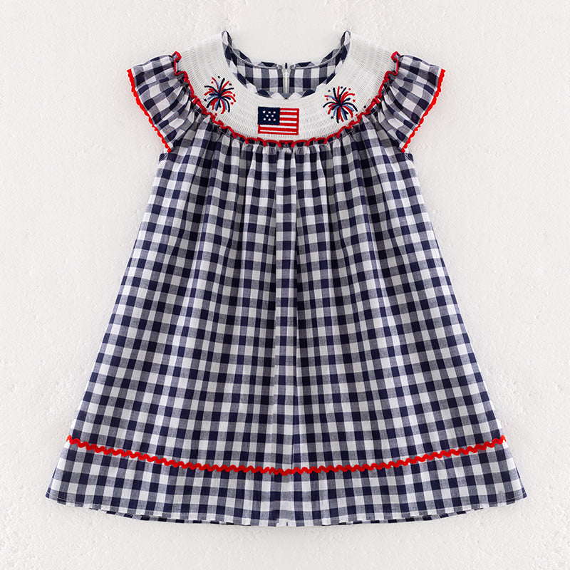 Girls July 4th Plaid Flag Smocked Embroidered Dress
