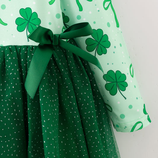 Girls 2026 St.Patrick's Day Green Bow Clover Tulle Dress