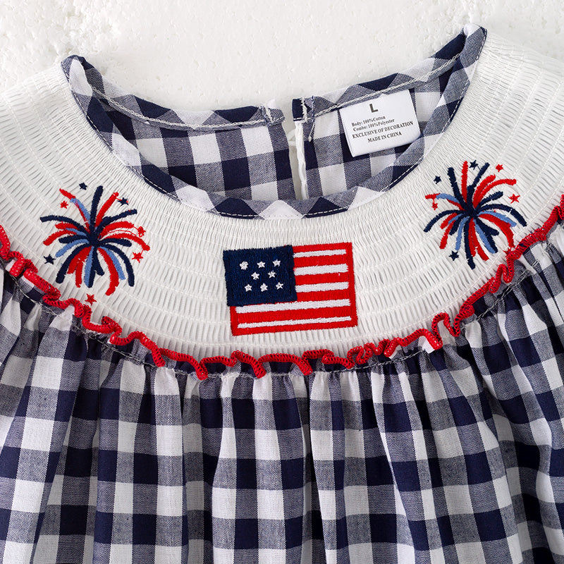 Girls July 4th Plaid Flag Smocked Embroidered Dress
