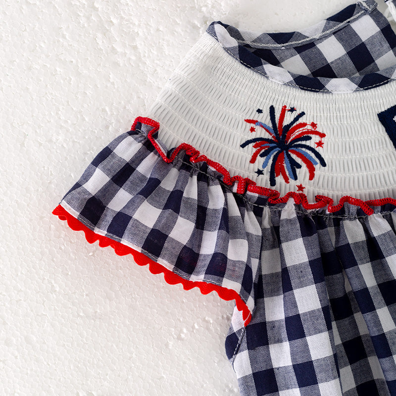 Girls July 4th Plaid Flag Smocked Embroidered Dress