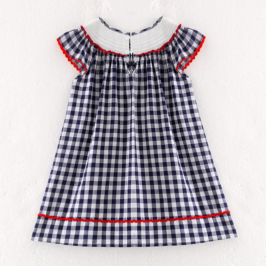 Girls July 4th Plaid Flag Smocked Embroidered Dress