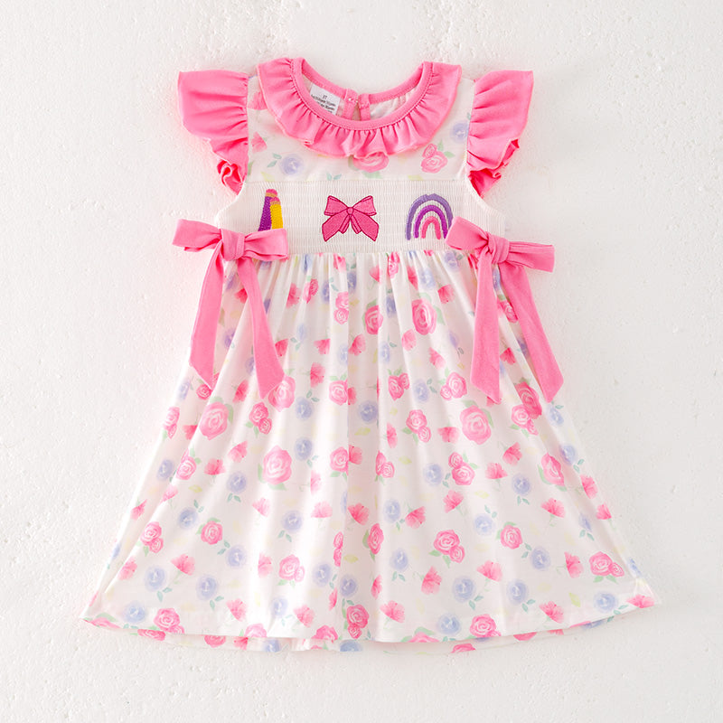 Girls Summer Back To School Pencil Rainbow Smocked Dress