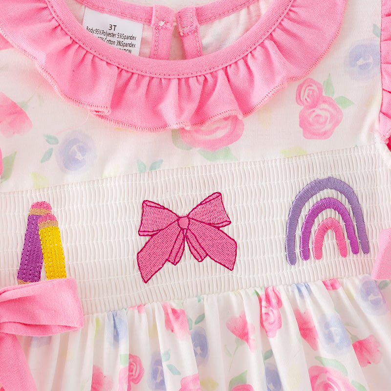 Girls Summer Back To School Pencil Rainbow Smocked Dress