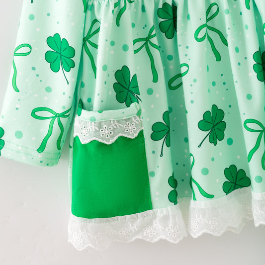Girls 2026 St.Patrick's Day Green Bow Clover Pant Set