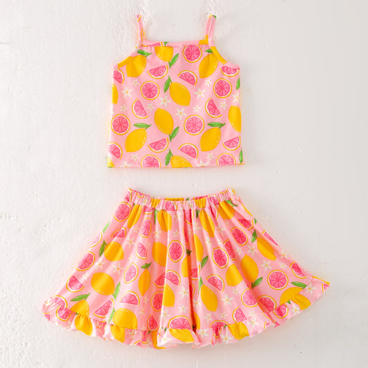 Girls Summer Yellow Lemon Print Sleeveless Top Skirt Set