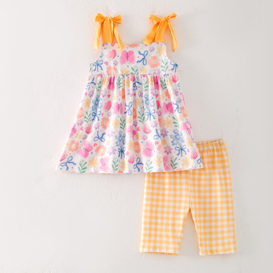 Girls Summer Yellow Plaid Floral Print Short Set