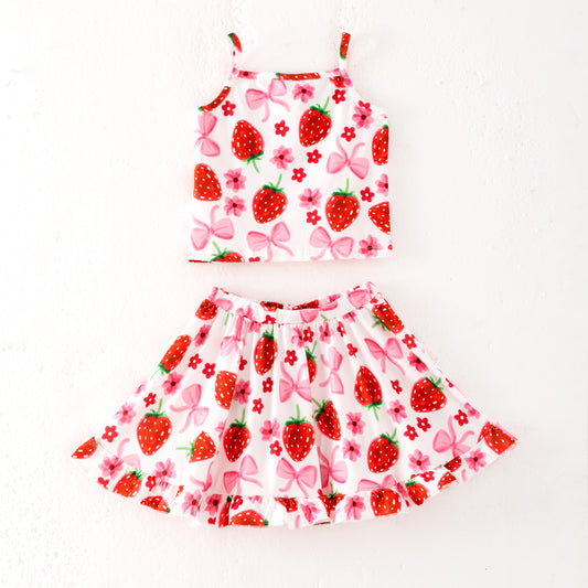 Girls Summer Strawberry Print Sleeveless Top Skirt Set