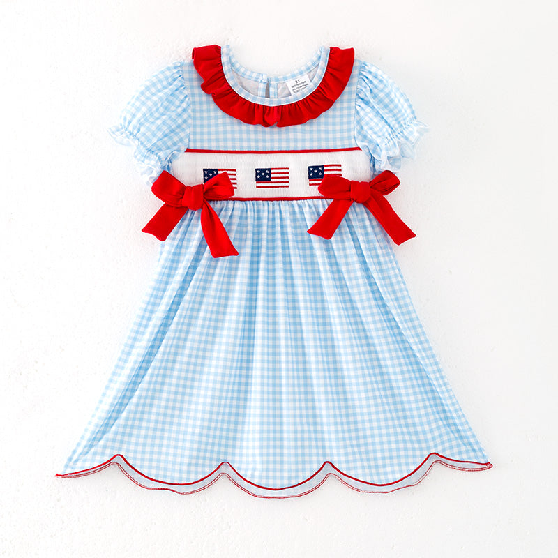 Grils July 4th Blue Plaid Flag Smocked Embroidered Dress