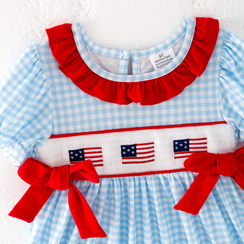 Grils July 4th Blue Plaid Flag Smocked Embroidered Dress