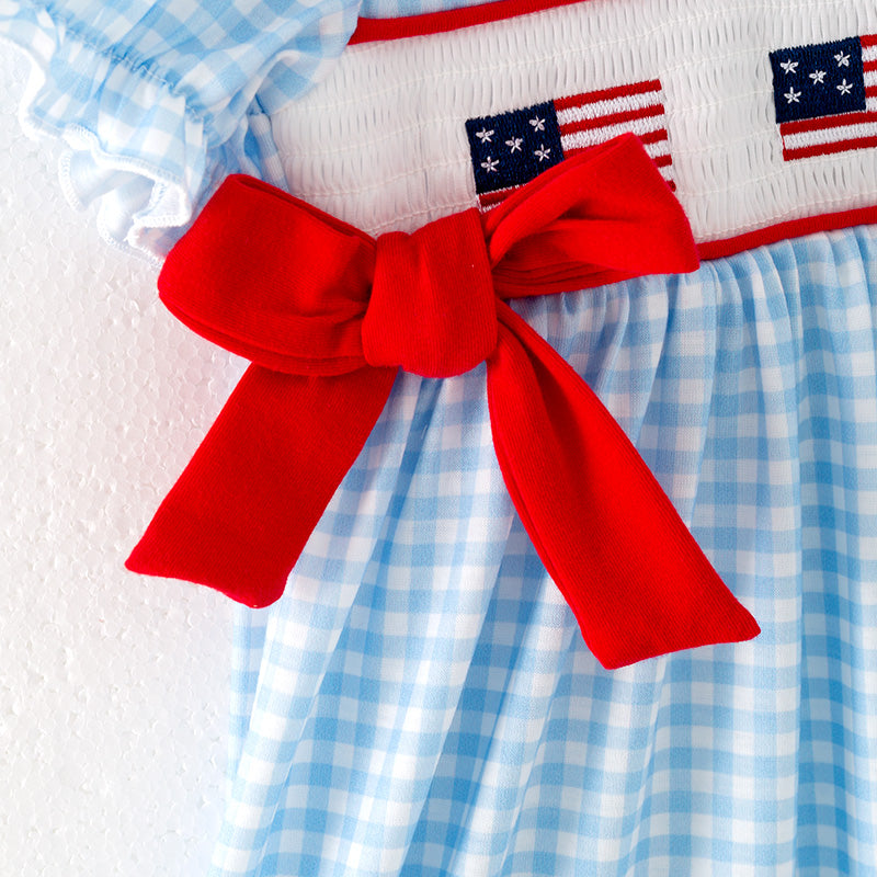 Grils July 4th Blue Plaid Flag Smocked Embroidered Dress