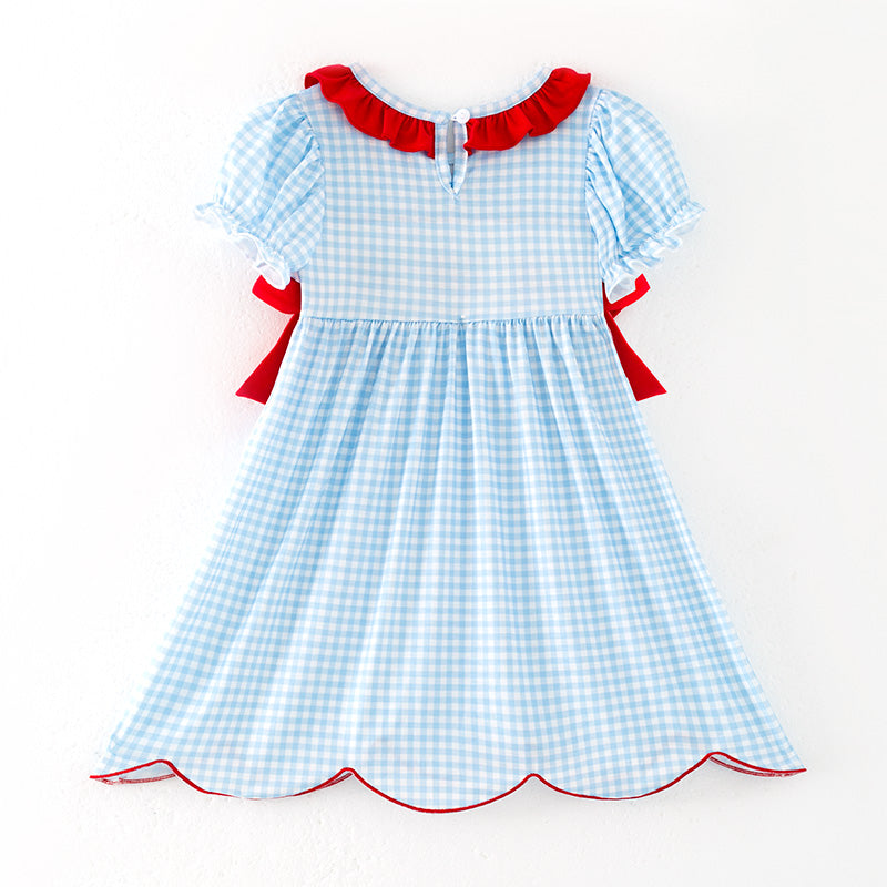 Grils July 4th Blue Plaid Flag Smocked Embroidered Dress