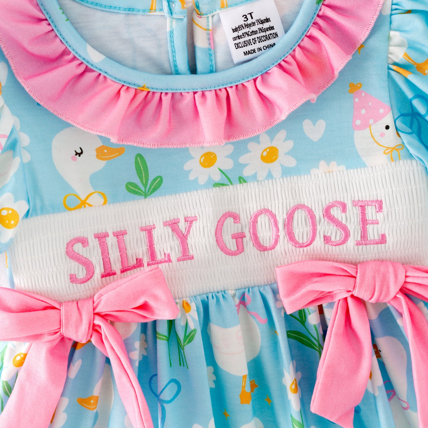 Girls Summer SILLY GOOSE Print Smocked Embroidered Dress