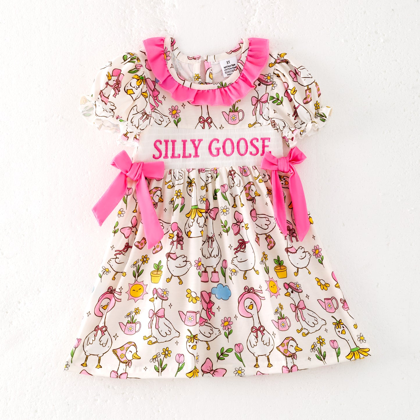 Girls Summer SILLY GOOSE Print Smocked Embroidered Dress