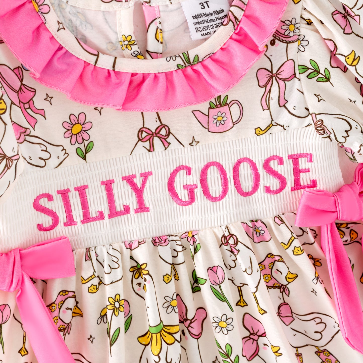 Girls Summer SILLY GOOSE Print Smocked Embroidered Dress