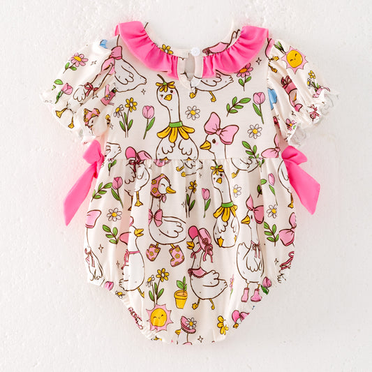 Baby Kids SILLY GOOSE Print Smocked Embroidered Romper